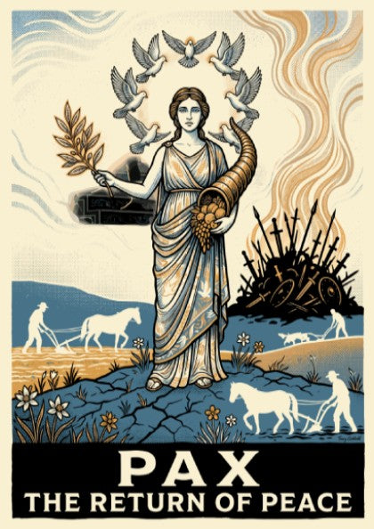 Poster featuring a neoclassical woman holding an olive branch surrounded by white doves
