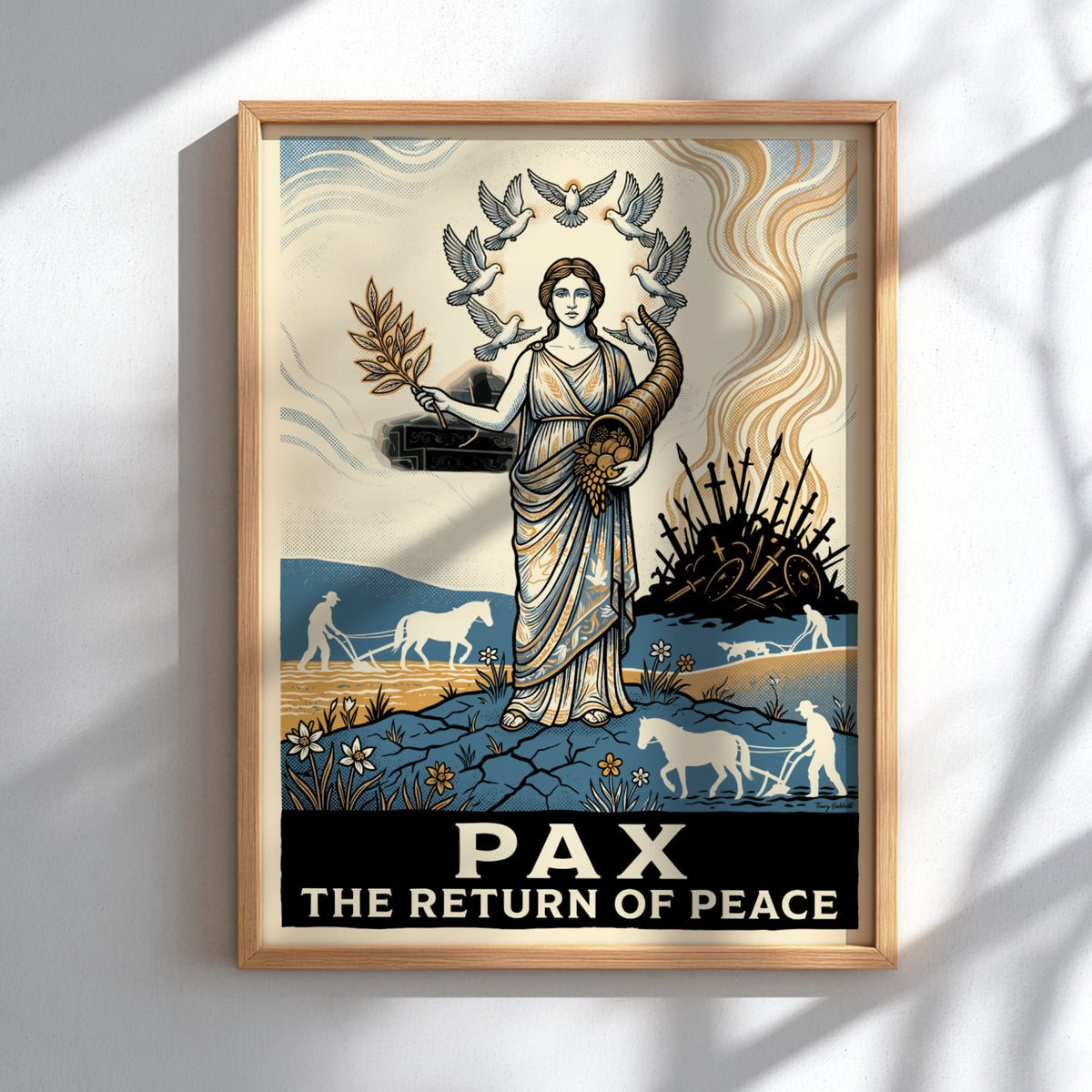 Poster featuring a neoclassical woman holding an olive branch surrounded by white doves