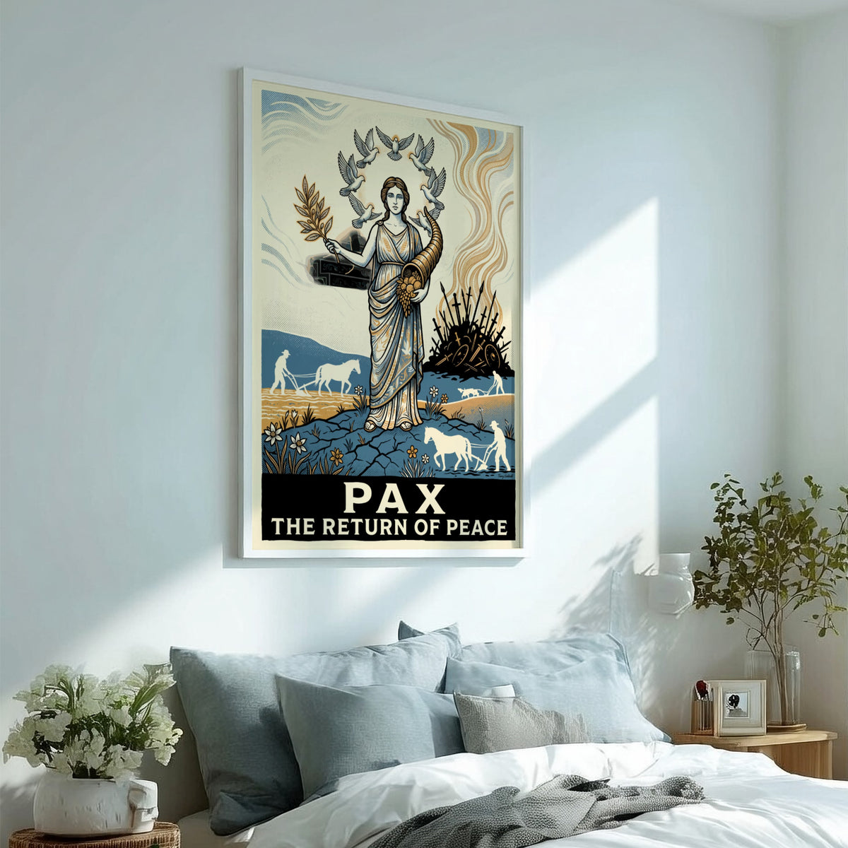 Poster featuring a neoclassical woman holding an olive branch surrounded by white doves