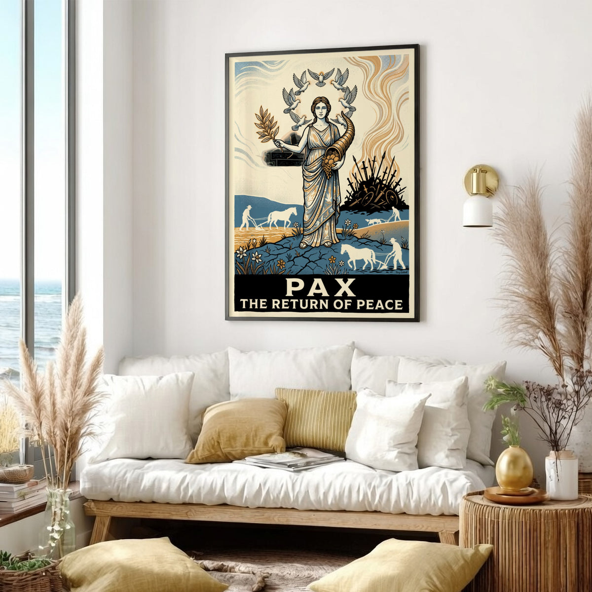 Poster featuring a neoclassical woman holding an olive branch surrounded by white doves