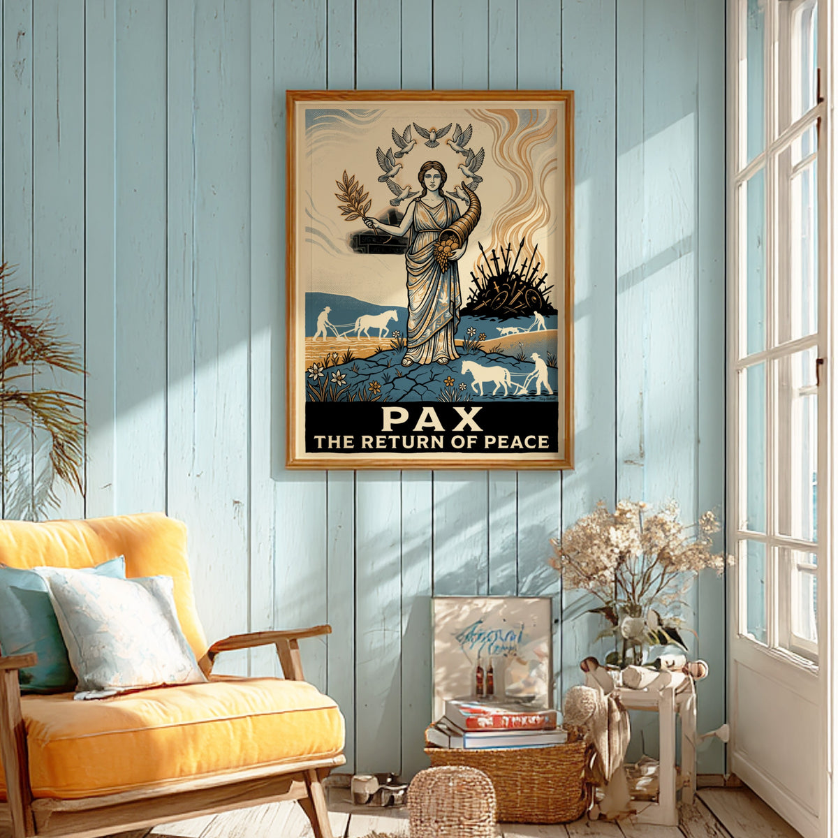 Poster featuring a neoclassical woman holding an olive branch surrounded by white doves