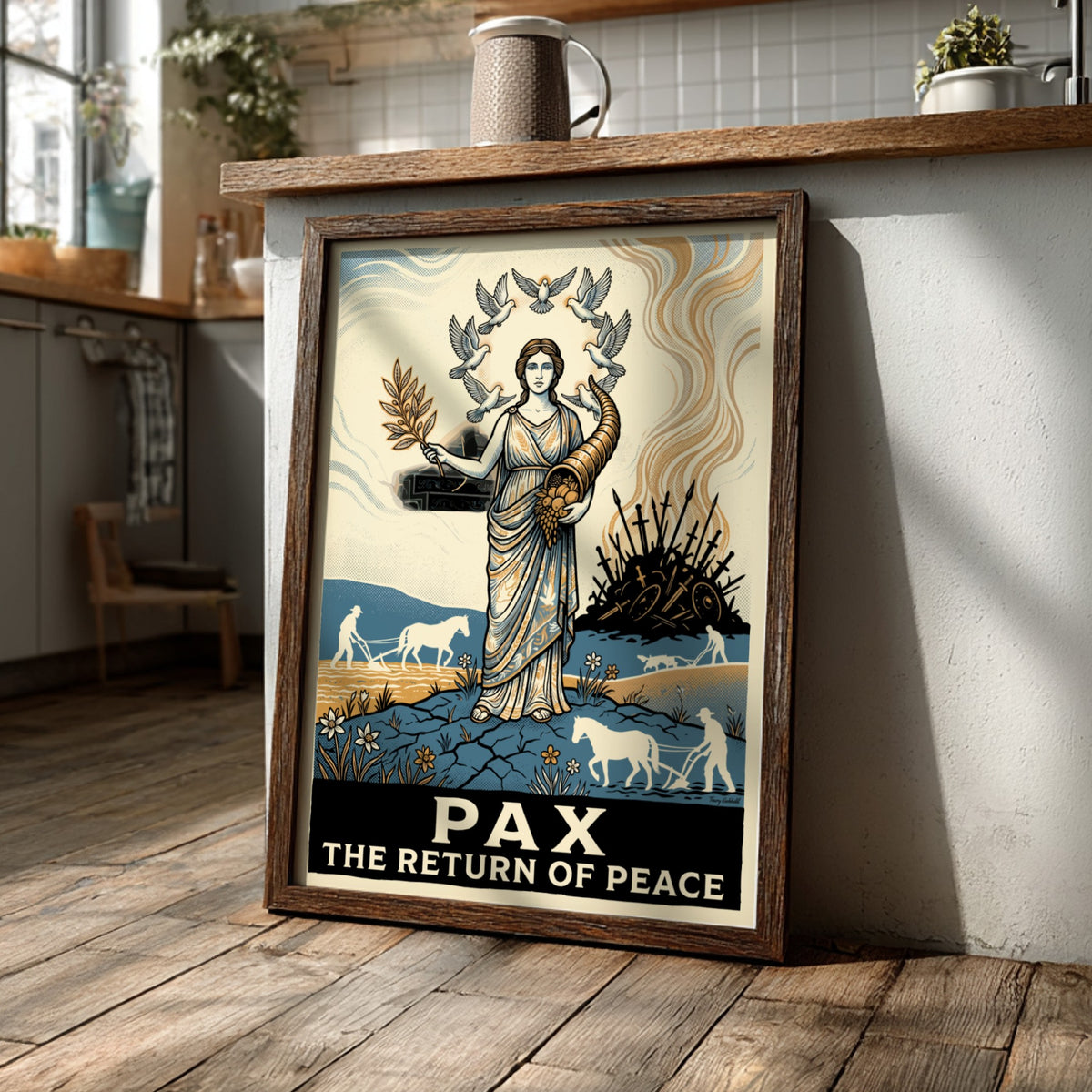 Poster featuring a neoclassical woman holding an olive branch surrounded by white doves