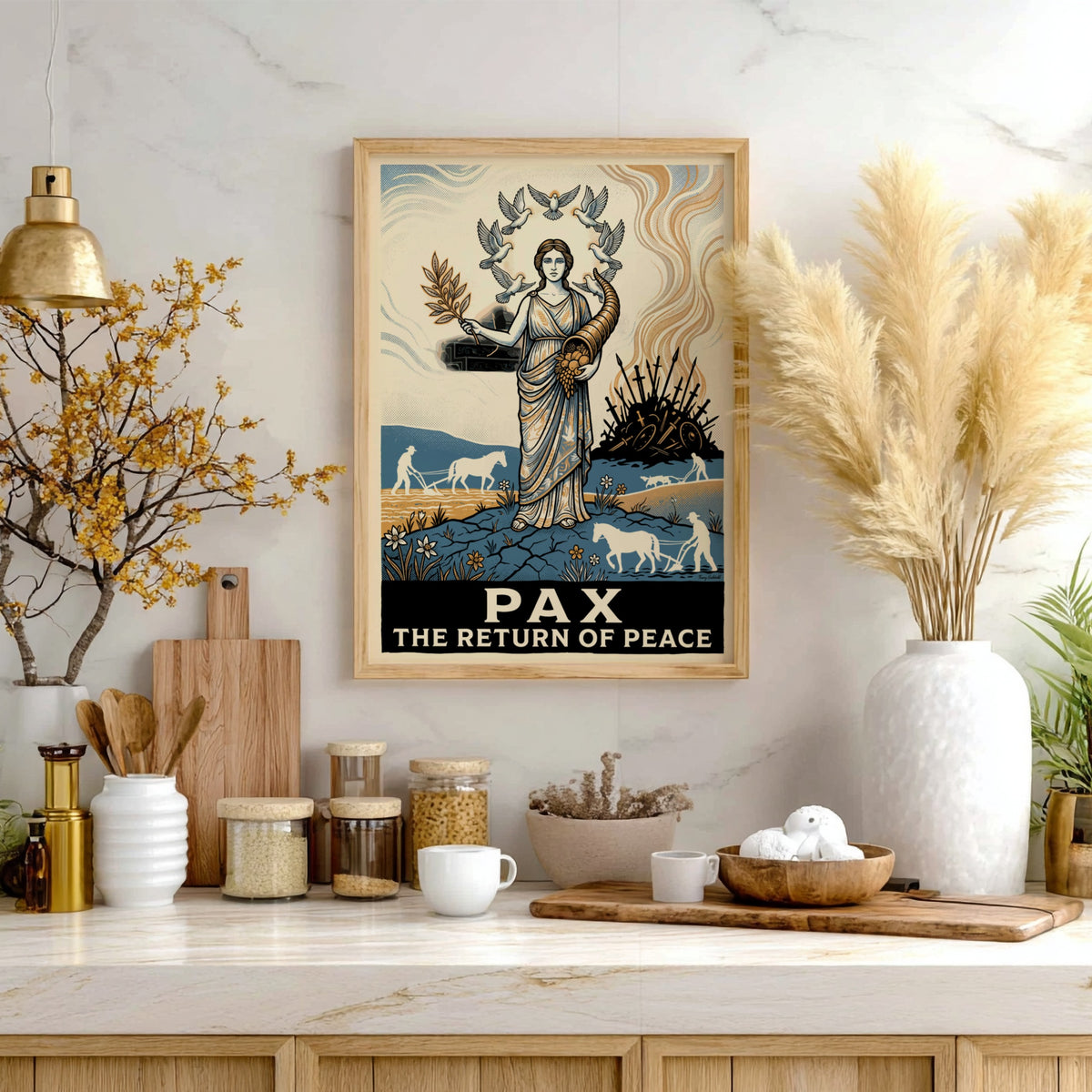 Poster featuring a neoclassical woman holding an olive branch surrounded by white doves