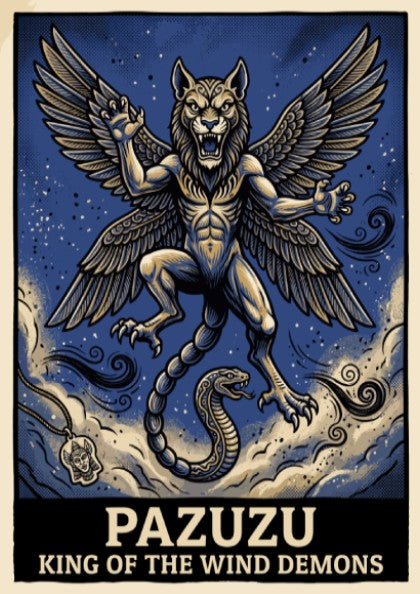 Poster featuring Pazuzu as a winged lion creature with a snake tail in blue.