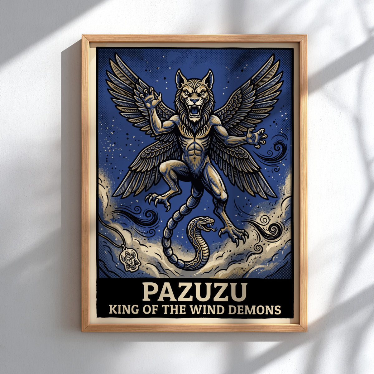 Poster featuring Pazuzu as a winged lion creature with a snake tail in blue.