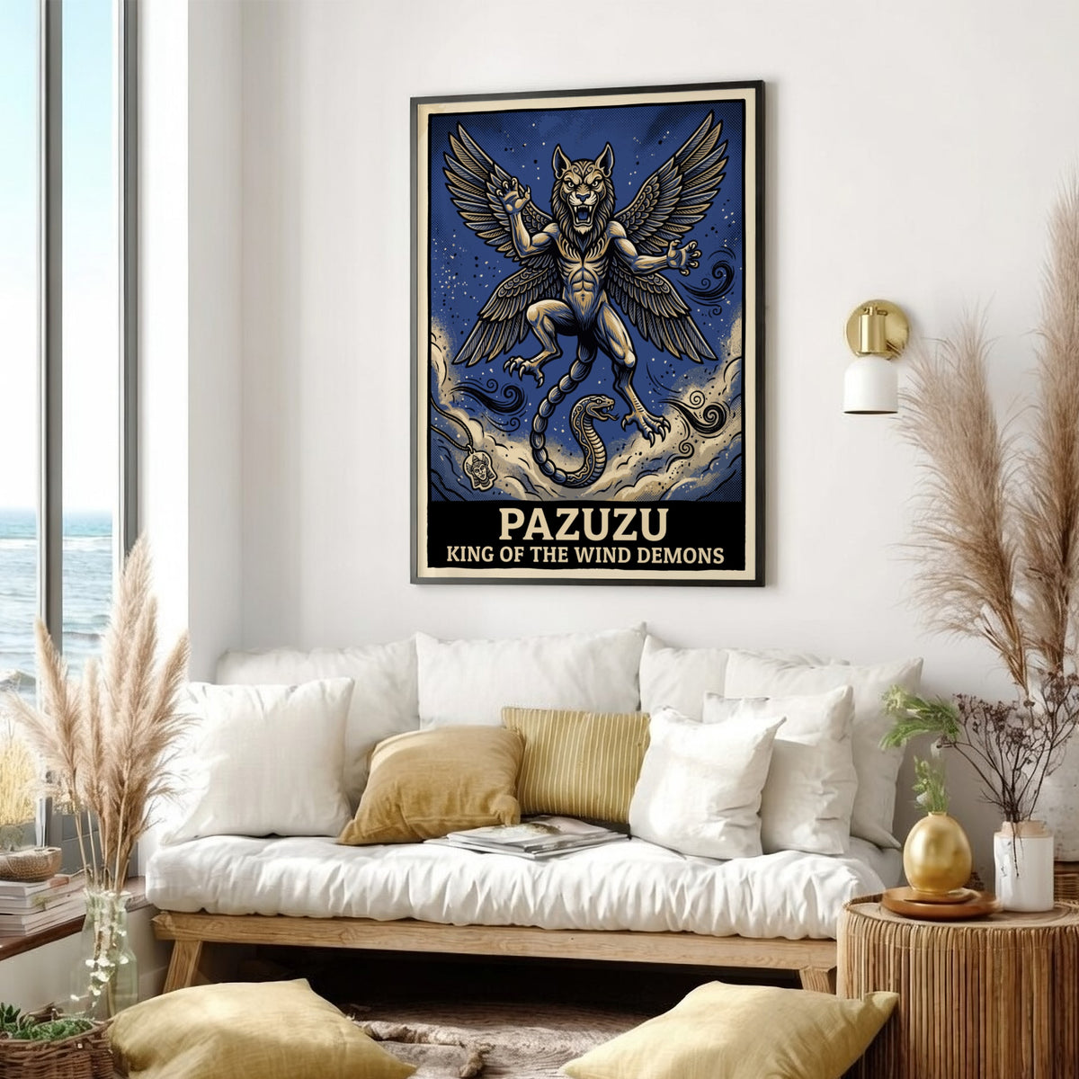 Poster featuring Pazuzu as a winged lion creature with a snake tail in blue.