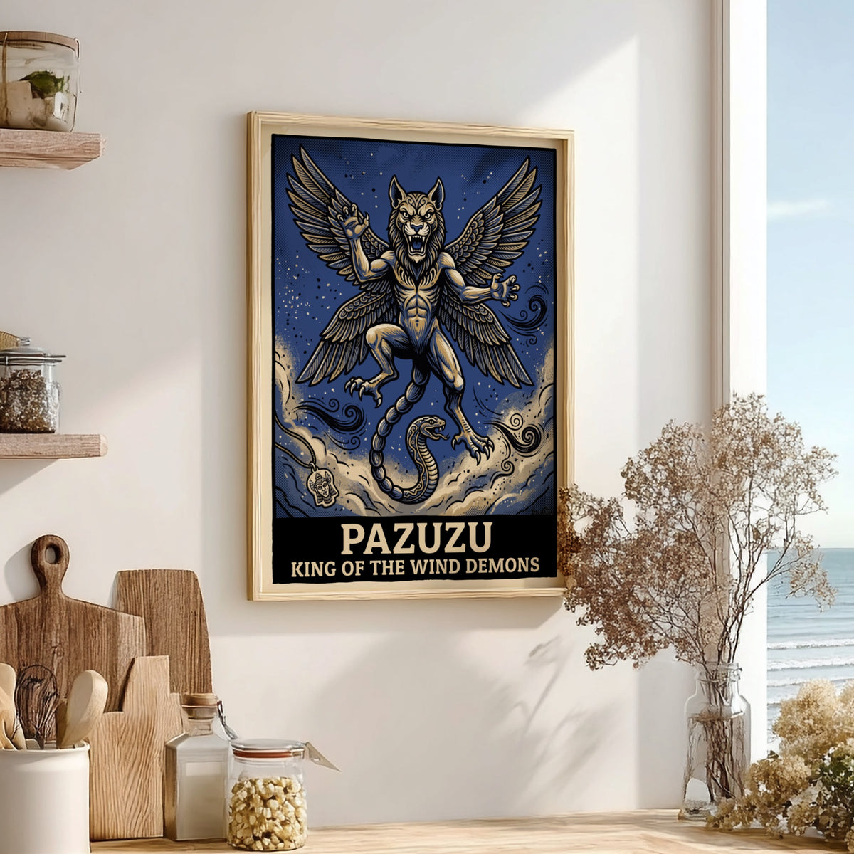 Poster featuring Pazuzu as a winged lion creature with a snake tail in blue.