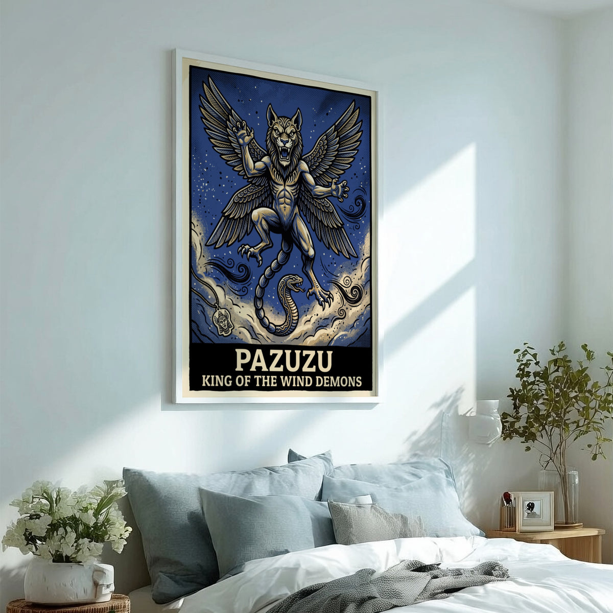 Poster featuring Pazuzu as a winged lion creature with a snake tail in blue.