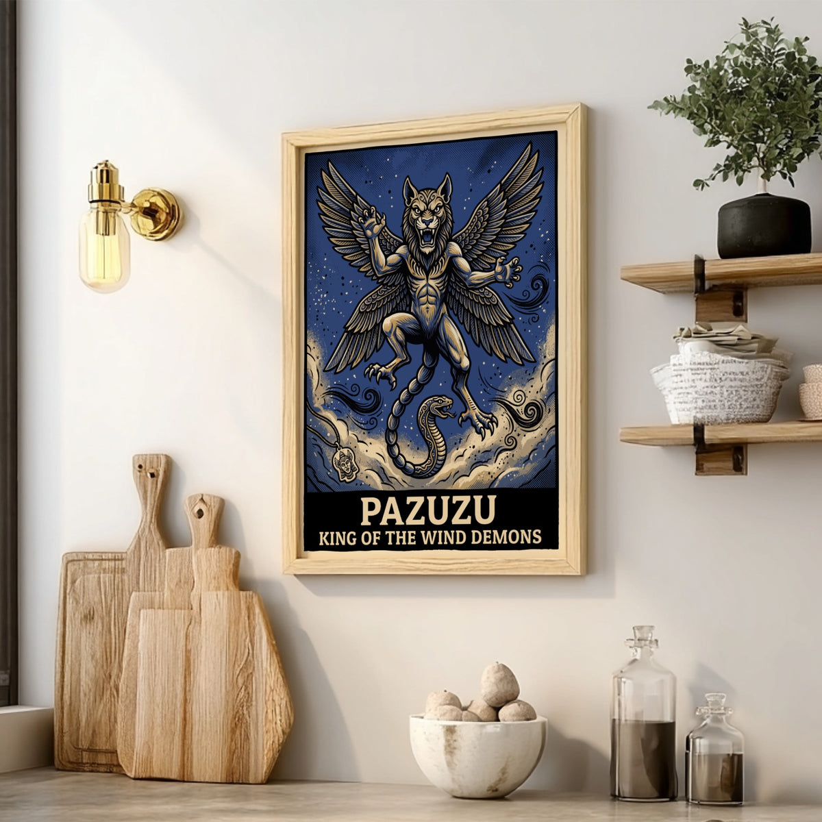 Poster featuring Pazuzu as a winged lion creature with a snake tail in blue.
