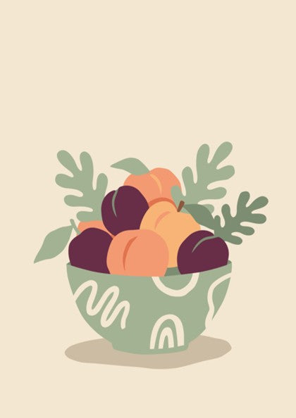 Poster featuring a sage green bowl filled with peaches and plums on cream background.