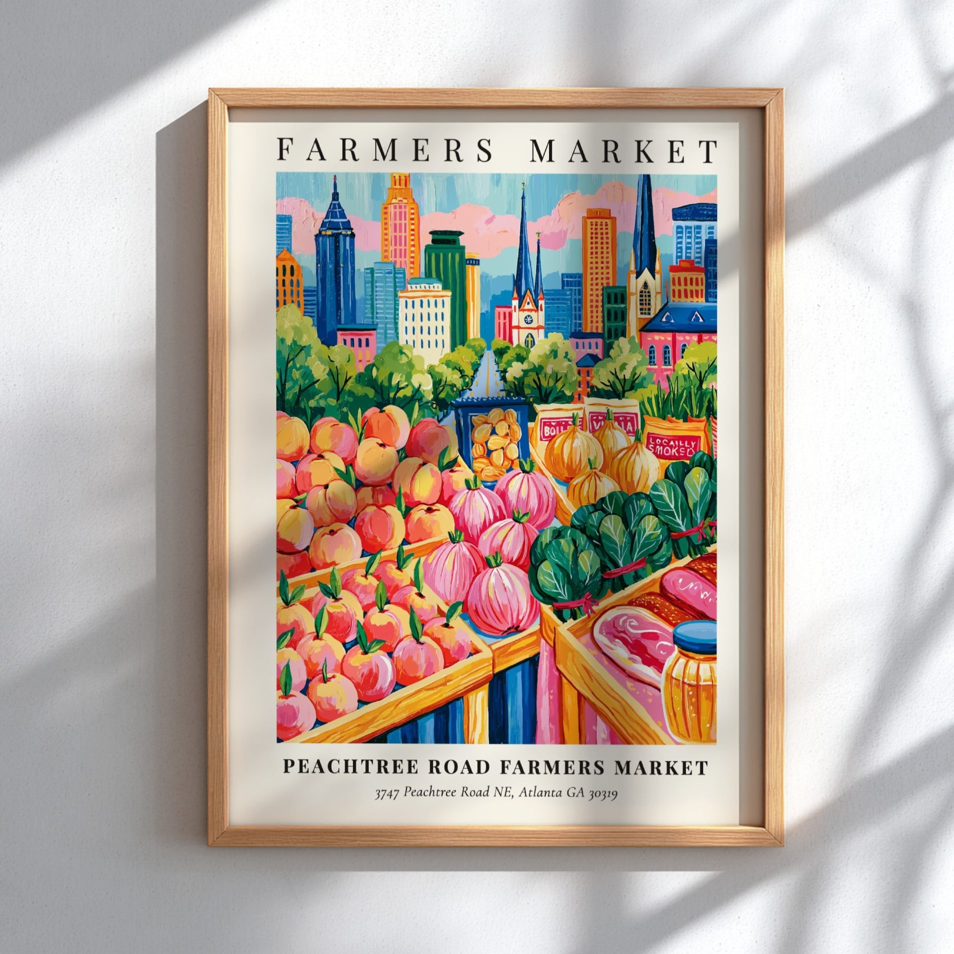 Peachtree Road Farmers Market poster featuring colorful fruits and Atlanta skyline in a vibrant art style