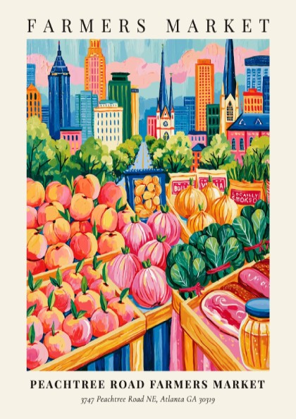 Peachtree Road Farmers Market poster featuring colorful fruits and Atlanta skyline in a vibrant art style