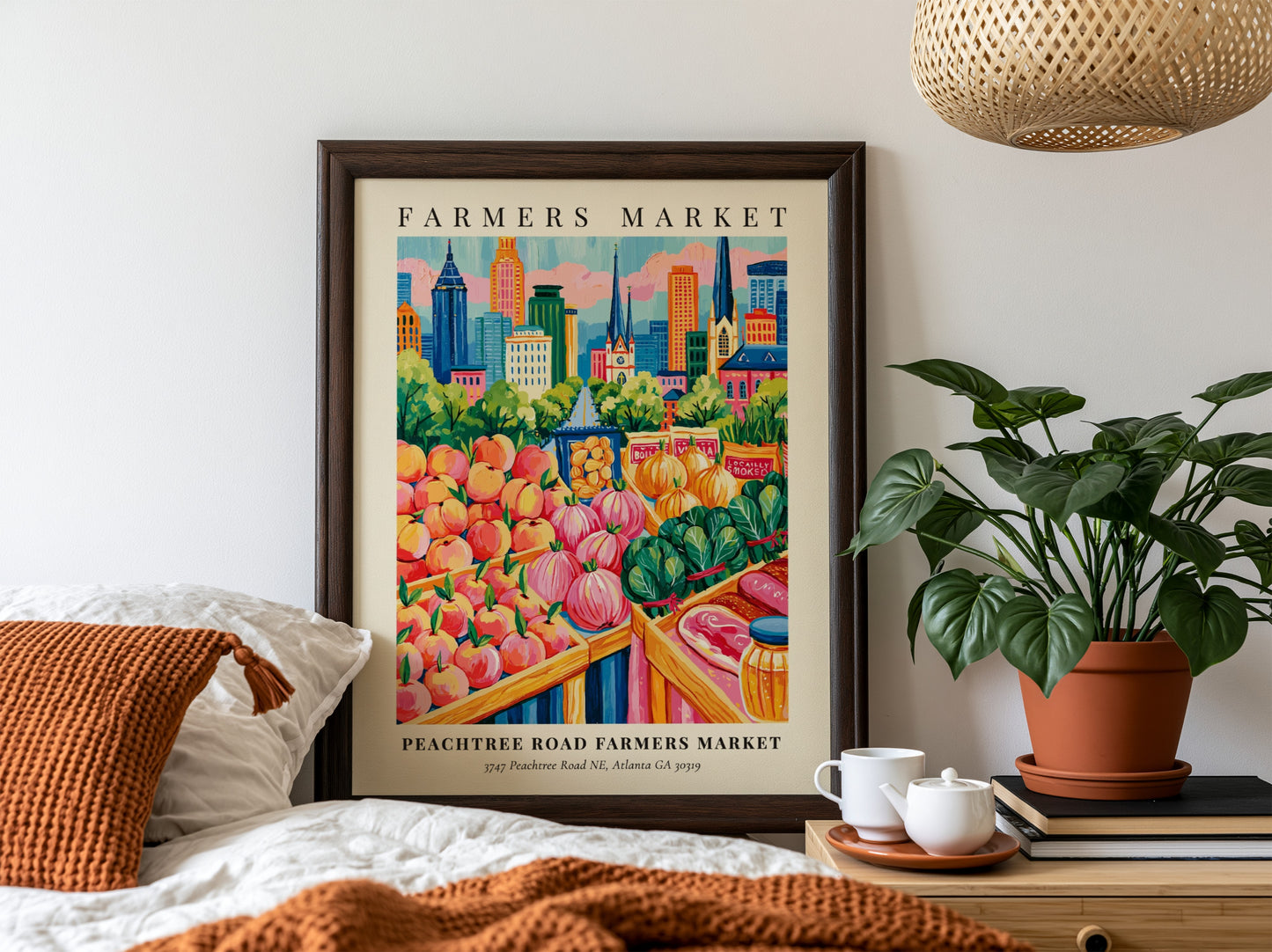 Peachtree Road Farmers Market poster featuring colorful fruits and Atlanta skyline in a vibrant art style