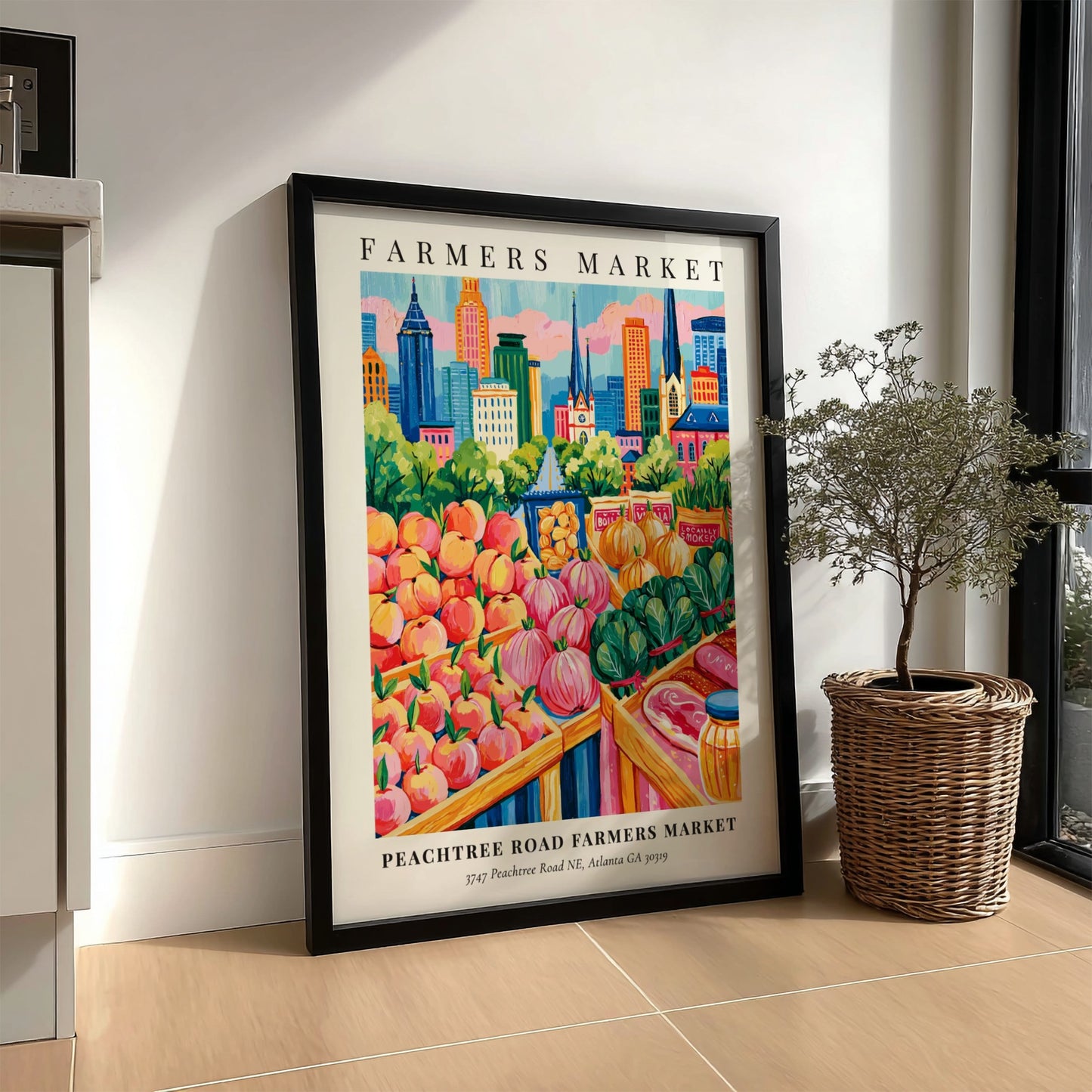 Peachtree Road Farmers Market poster featuring colorful fruits and Atlanta skyline in a vibrant art style