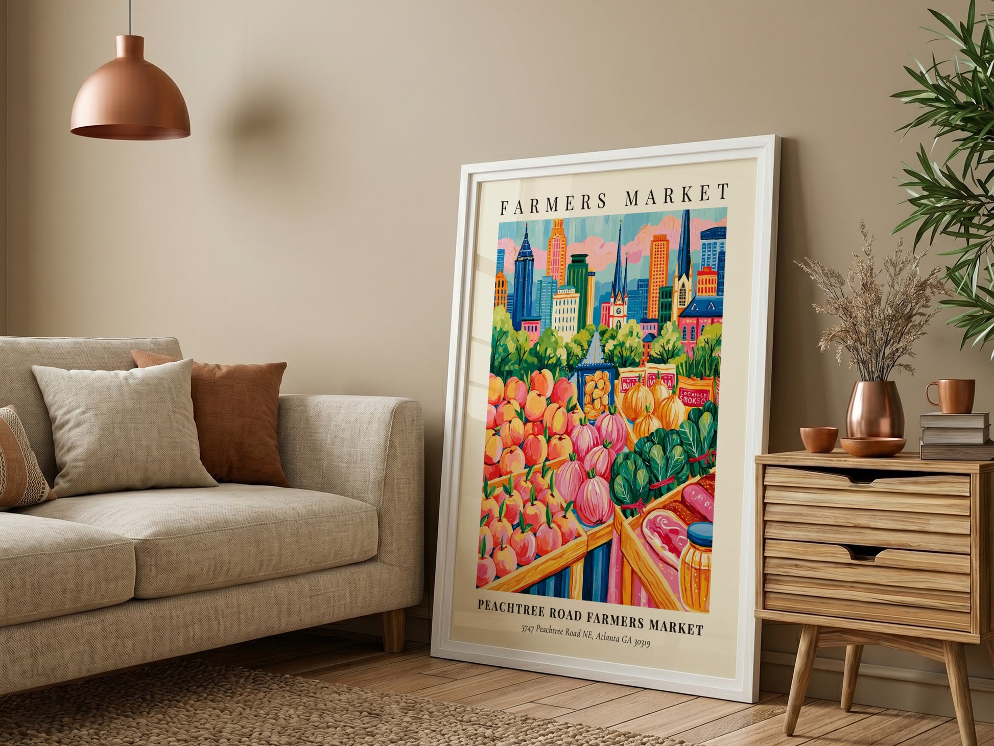 Peachtree Road Farmers Market poster featuring colorful fruits and Atlanta skyline in a vibrant art style