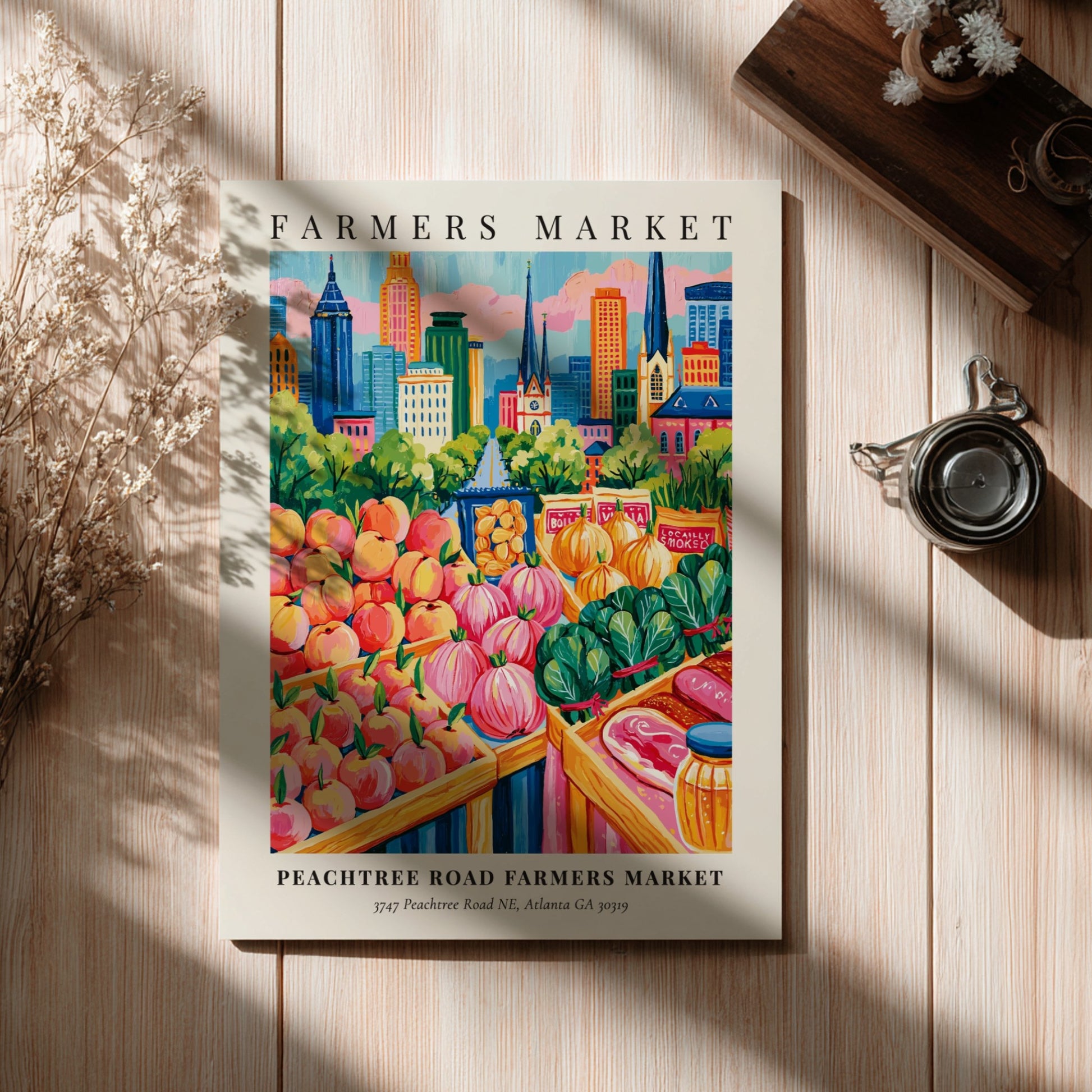Peachtree Road Farmers Market poster featuring colorful fruits and Atlanta skyline in a vibrant art style