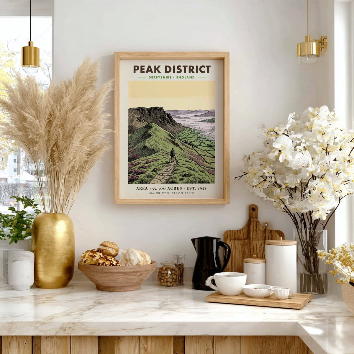 Poster featuring a hiker on a stone path in the Peak District landscape