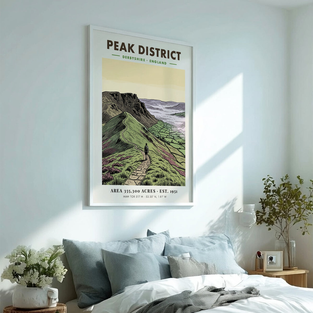 Poster featuring a hiker on a stone path in the Peak District landscape