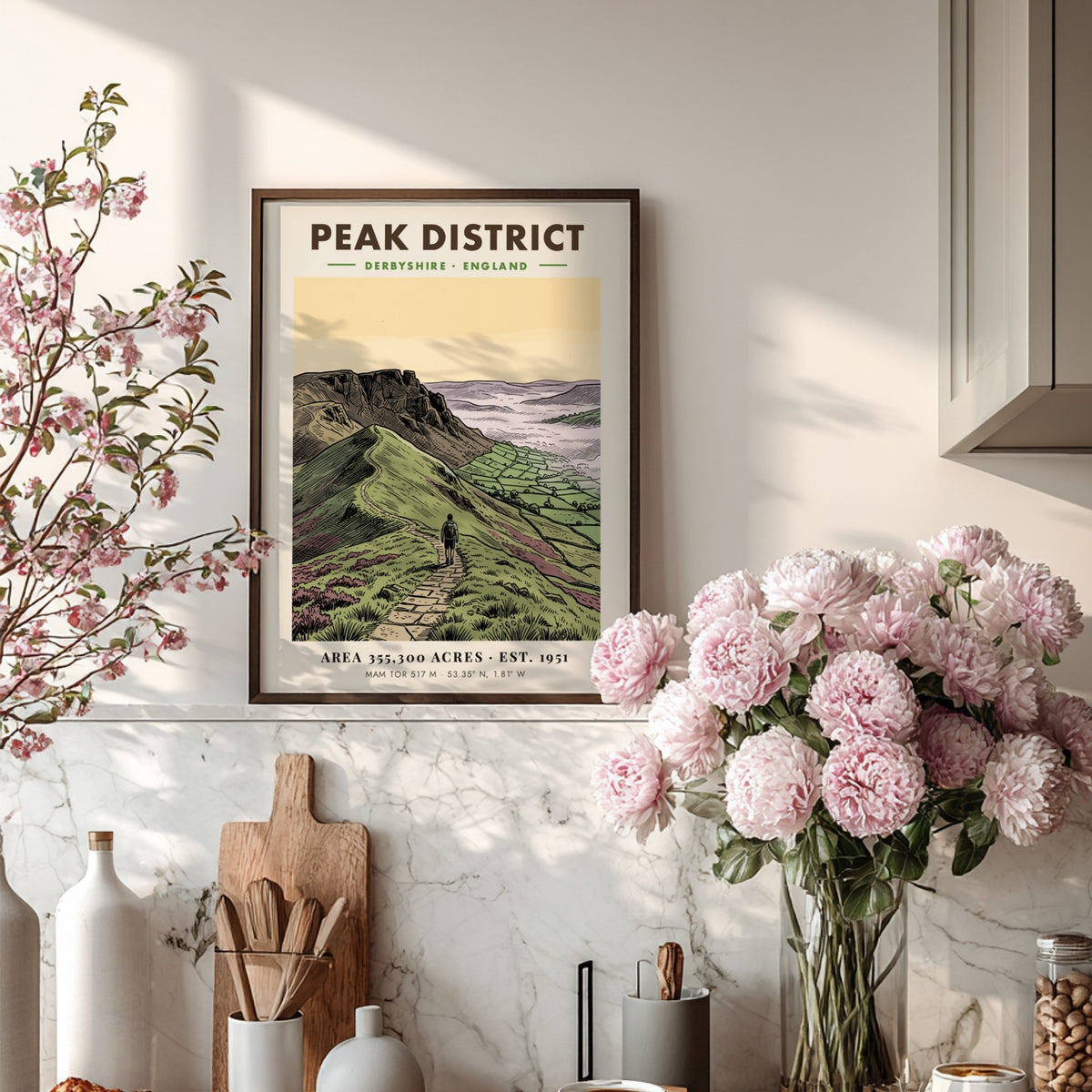Poster featuring a hiker on a stone path in the Peak District landscape