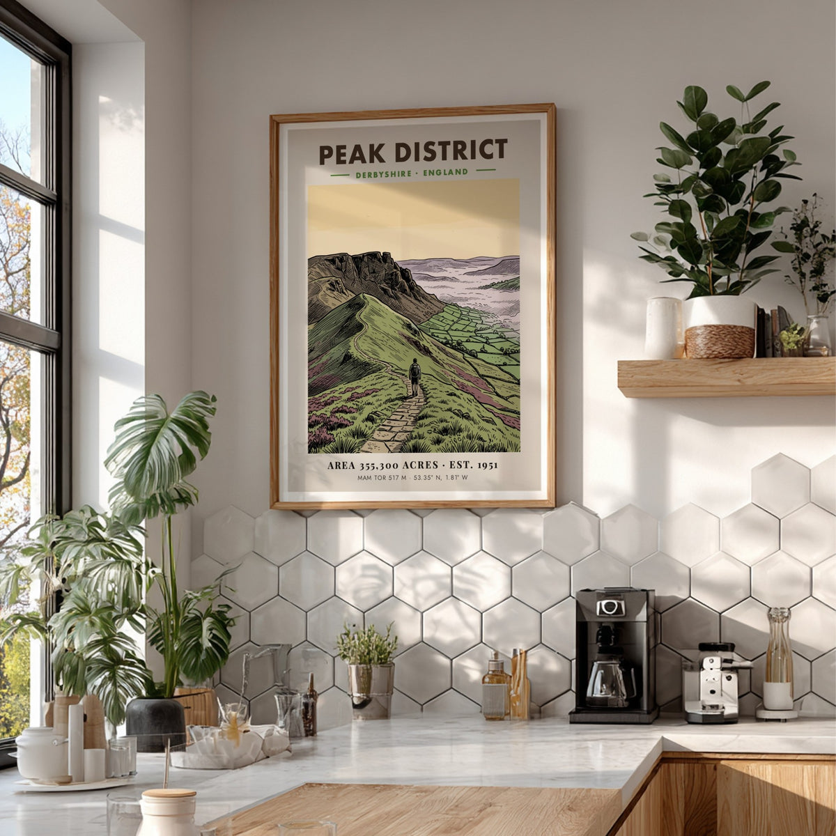 Poster featuring a hiker on a stone path in the Peak District landscape