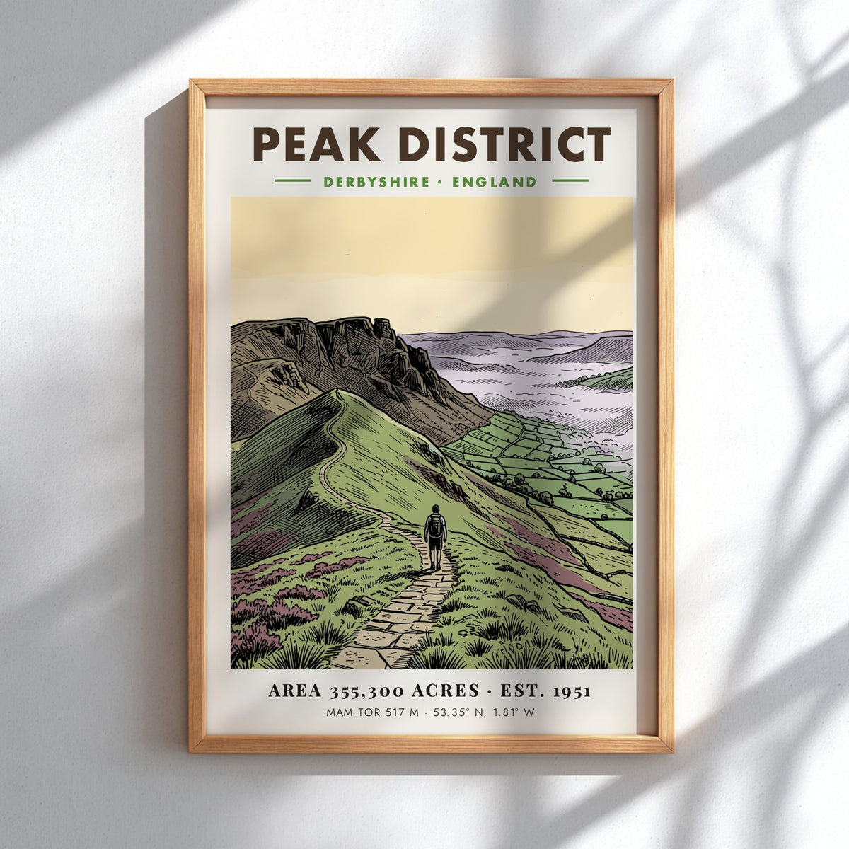 Poster featuring a hiker on a stone path in the Peak District landscape