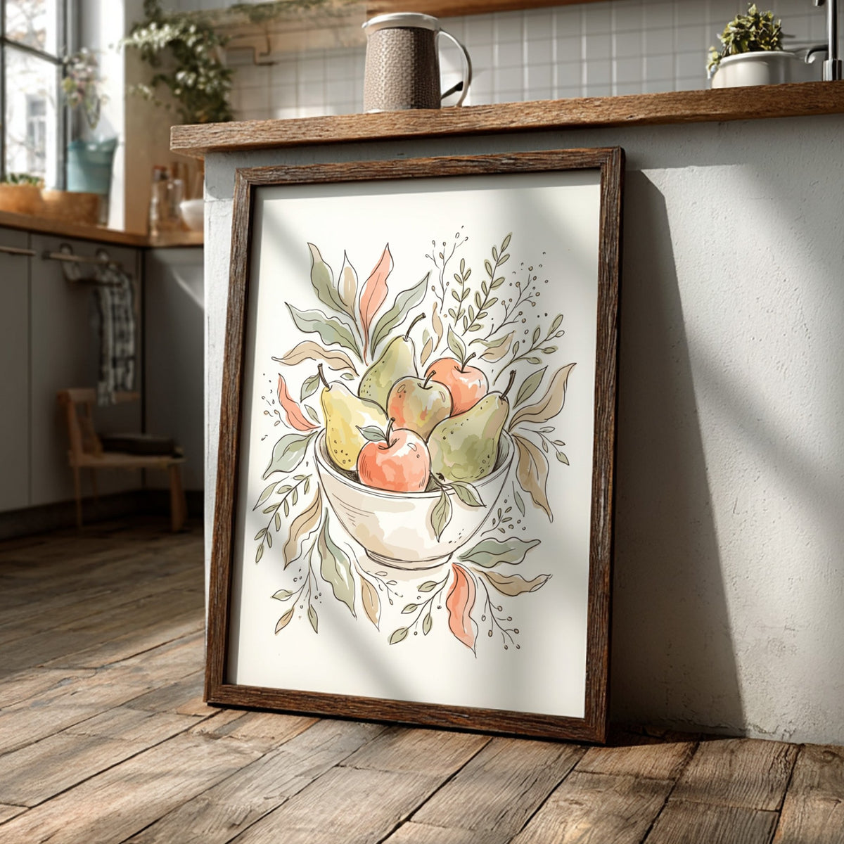 Poster of a bowl filled with pears and apples in soft watercolour style.