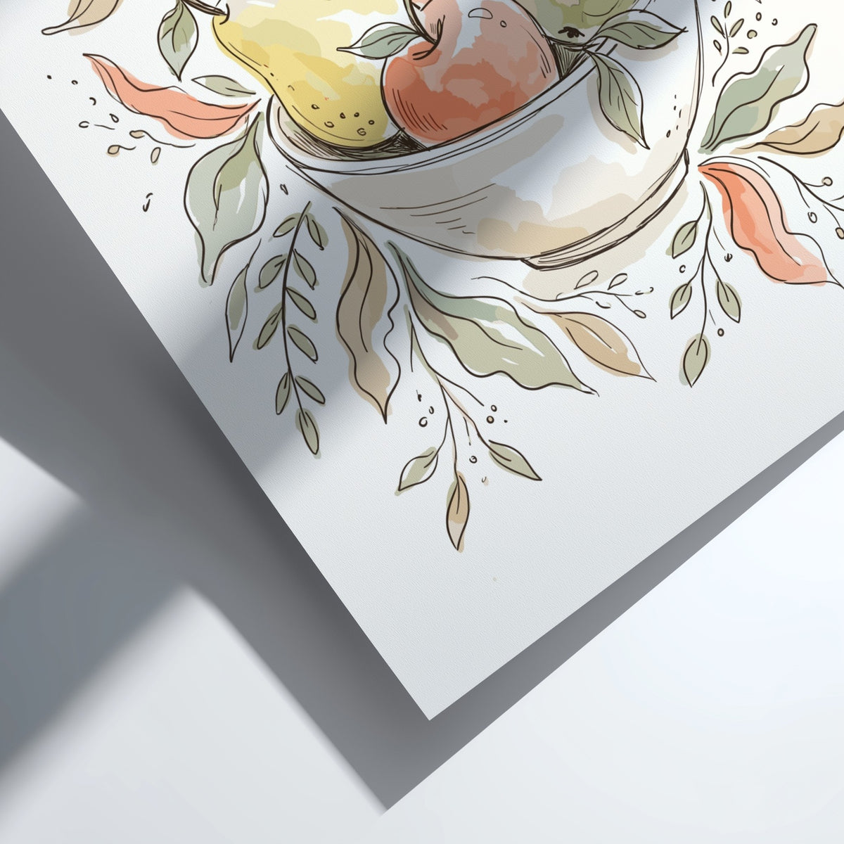 Poster of a bowl filled with pears and apples in soft watercolour style.