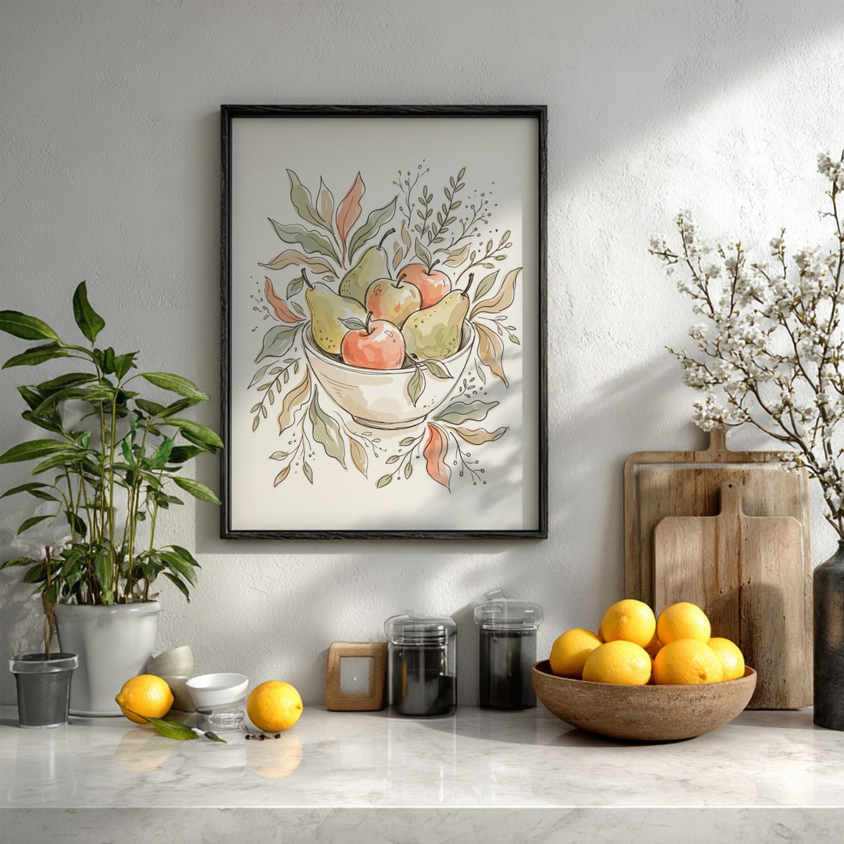 Poster of a bowl filled with pears and apples in soft watercolour style.