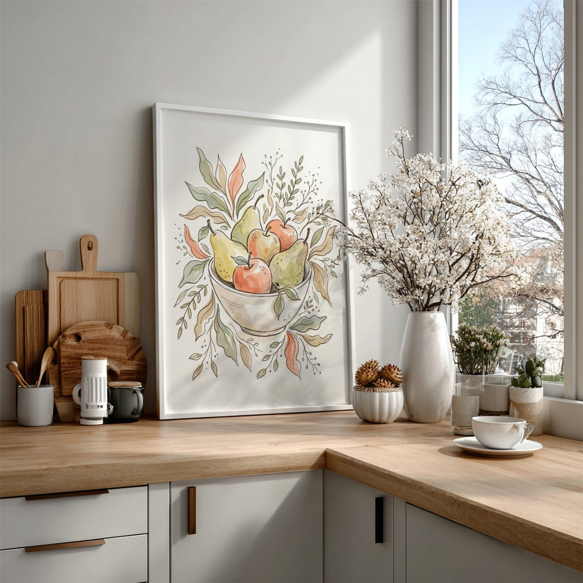 Poster of a bowl filled with pears and apples in soft watercolour style.