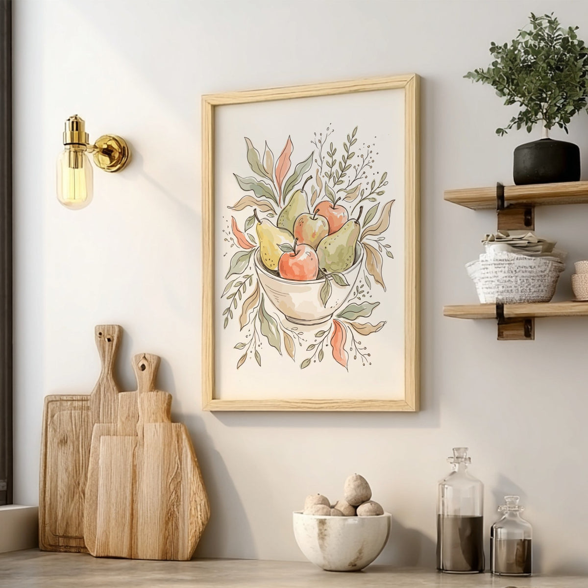 Poster of a bowl filled with pears and apples in soft watercolour style.