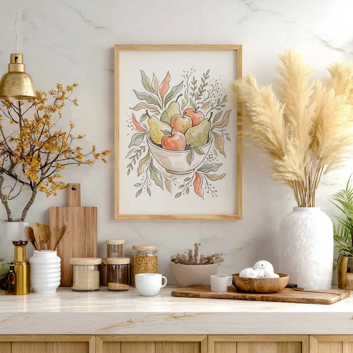 Poster of a bowl filled with pears and apples in soft watercolour style.