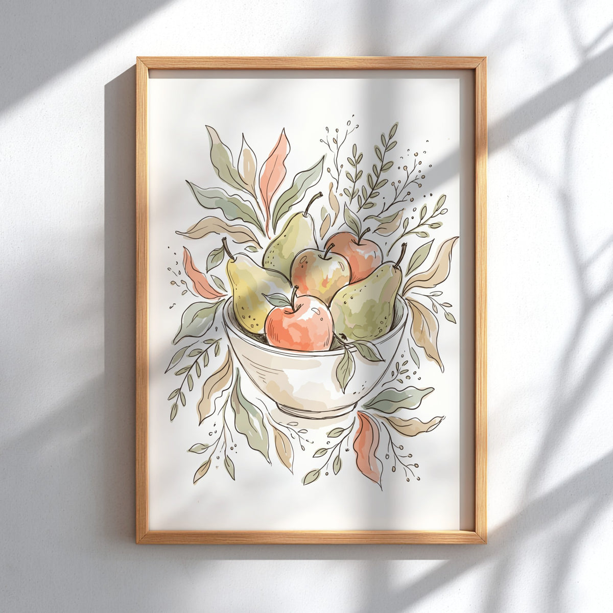 Poster of a bowl filled with pears and apples in soft watercolour style.