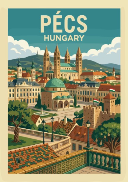 Vintage travel poster of Pecs, Hungary, showcasing historic architecture and cityscapes in a warm, detailed