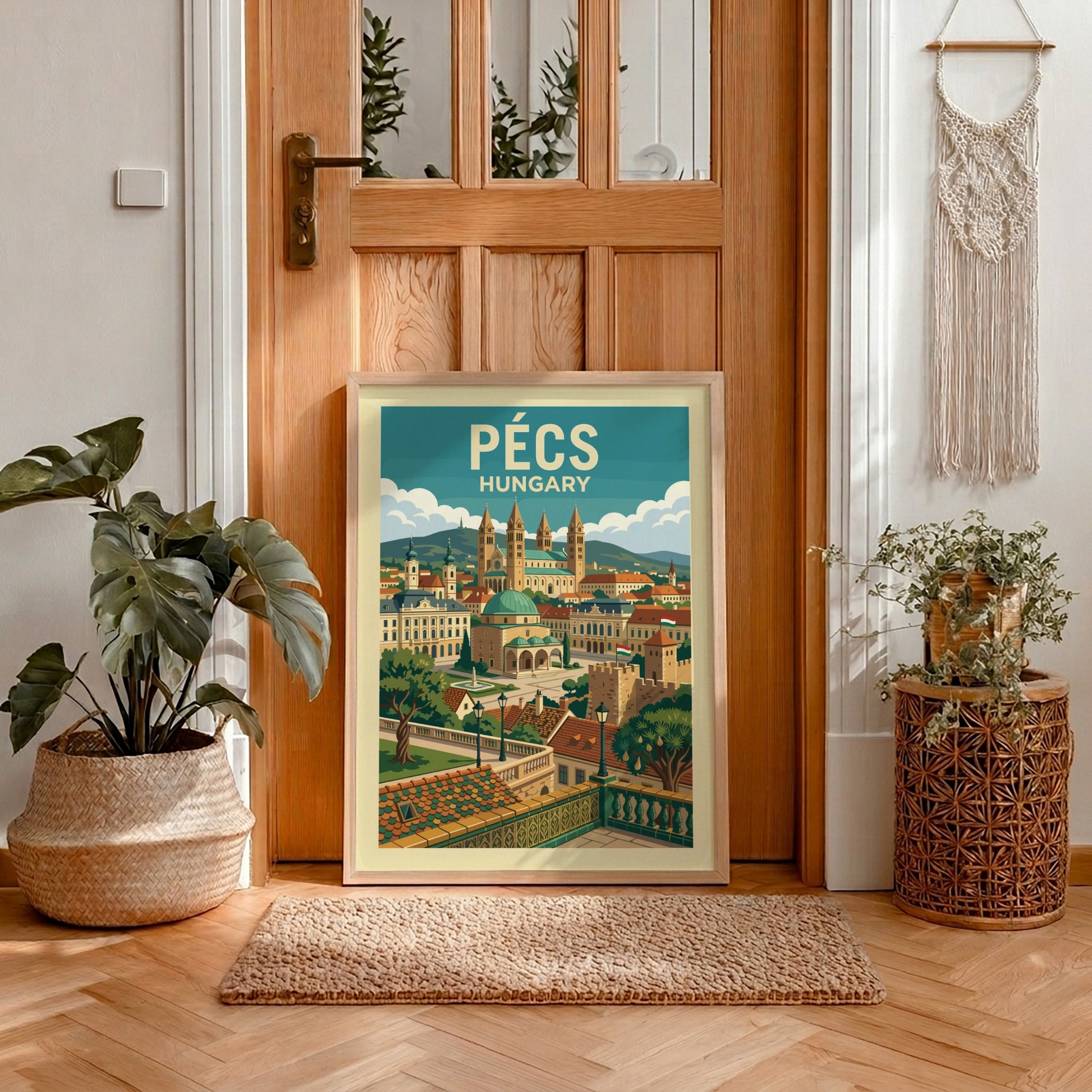 Vintage travel poster of Pecs, Hungary, showcasing historic architecture and cityscapes in a warm, detailed