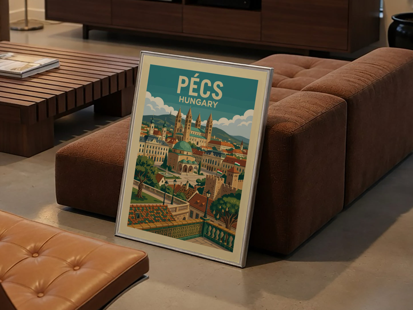 Vintage travel poster of Pecs, Hungary, showcasing historic architecture and cityscapes in a warm, detailed