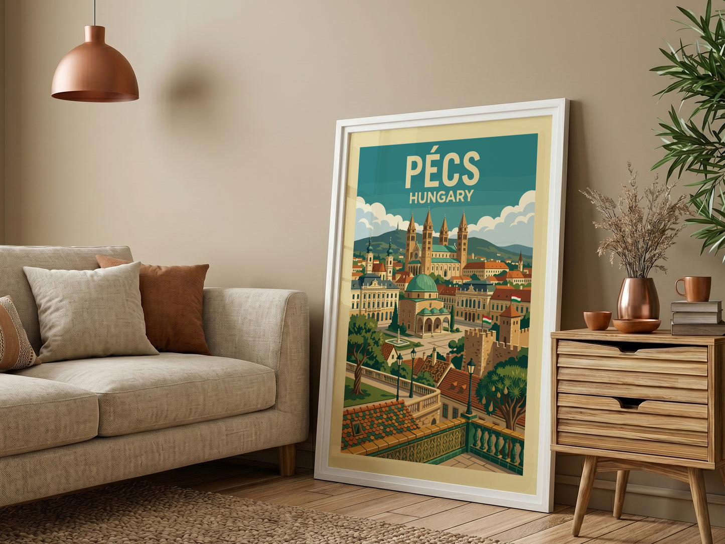 Vintage travel poster of Pecs, Hungary, showcasing historic architecture and cityscapes in a warm, detailed