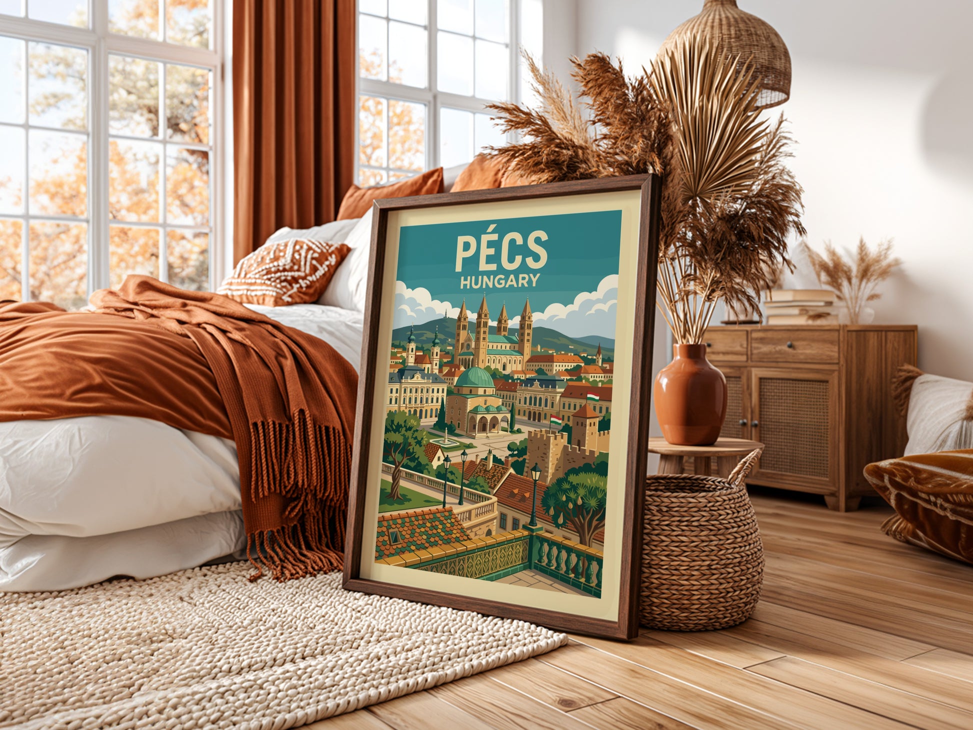 Vintage travel poster of Pecs, Hungary, showcasing historic architecture and cityscapes in a warm, detailed