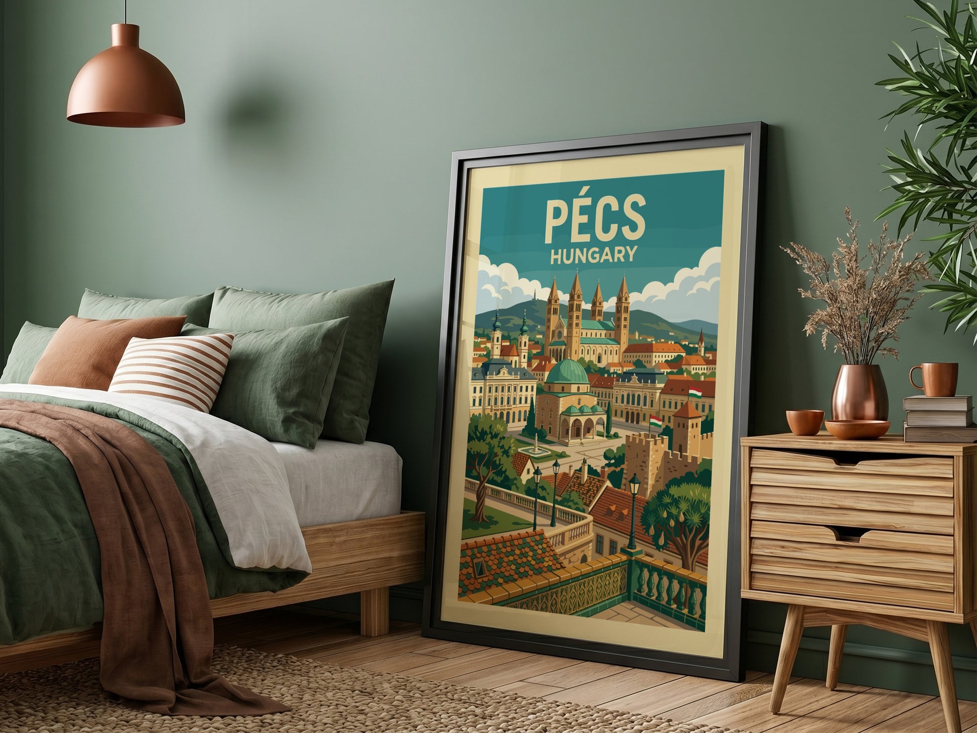 Vintage travel poster of Pecs, Hungary, showcasing historic architecture and cityscapes in a warm, detailed