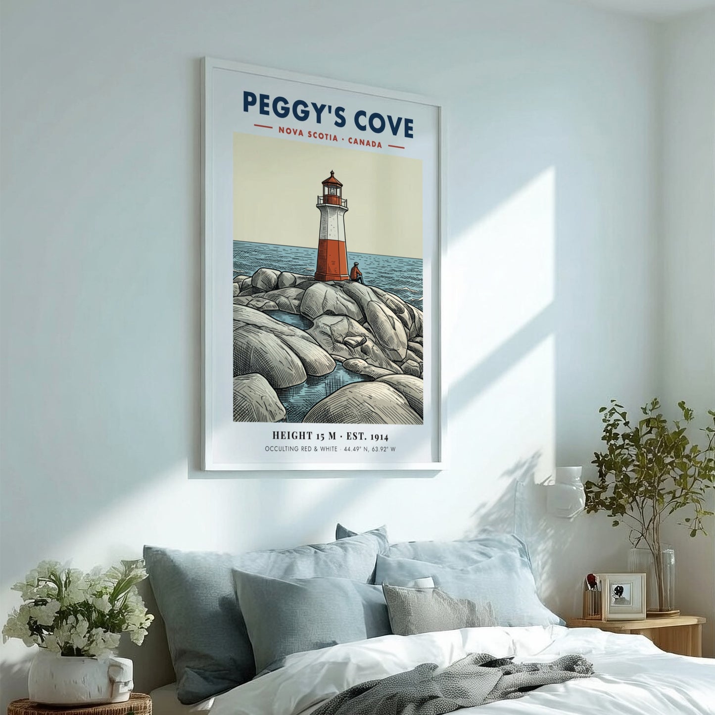Poster of a red and white lighthouse on rocky Peggy's Cove Nova Scotia shore.