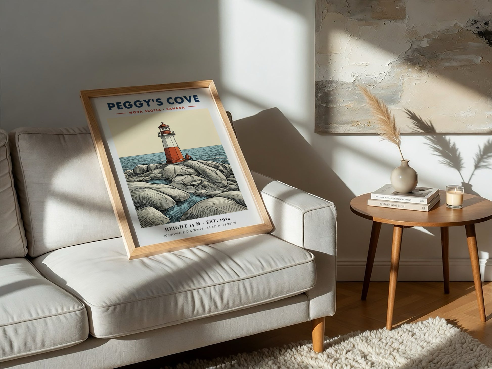 Poster of a red and white lighthouse on rocky Peggy's Cove Nova Scotia shore.