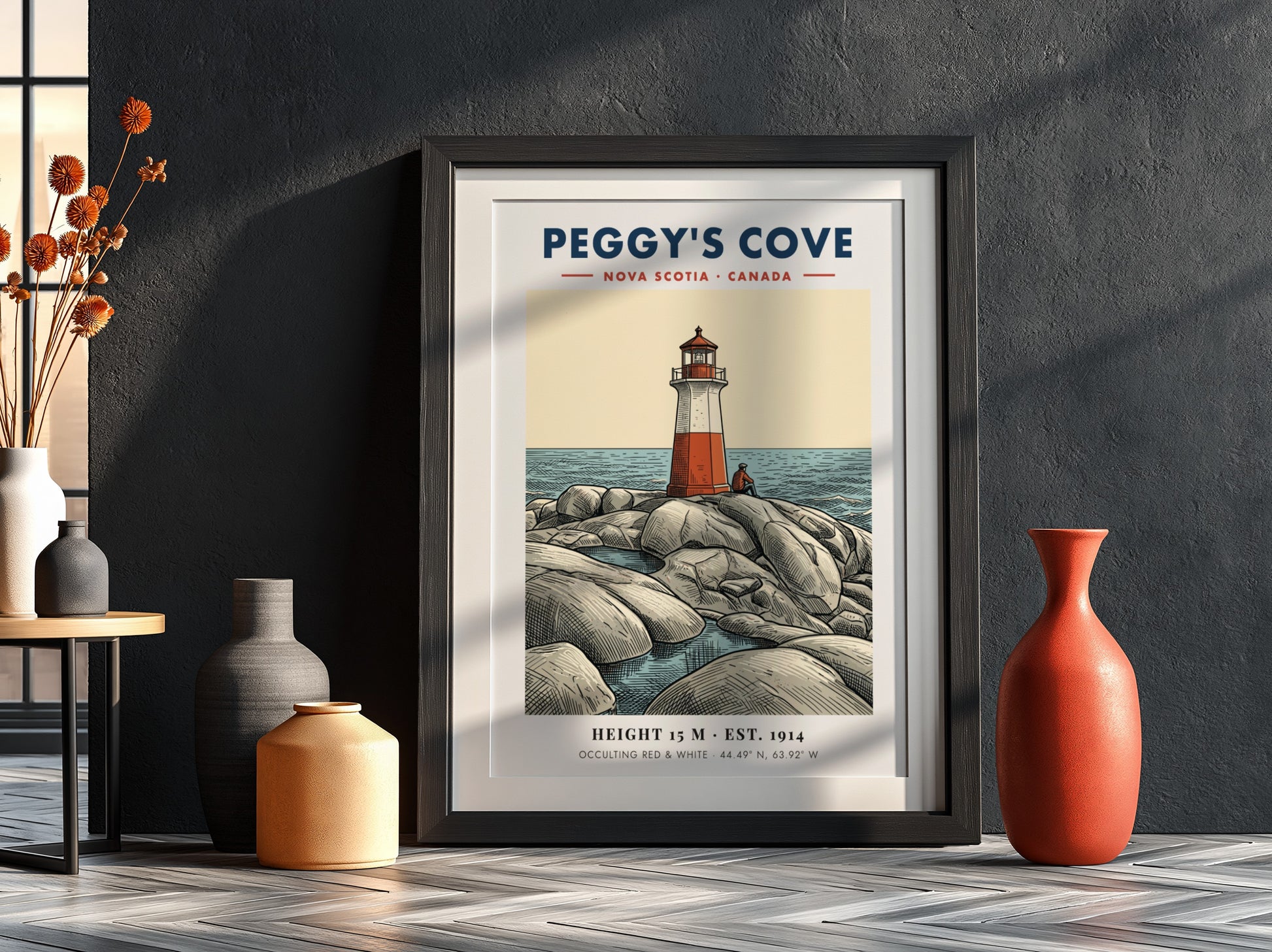 Poster of a red and white lighthouse on rocky Peggy's Cove Nova Scotia shore.