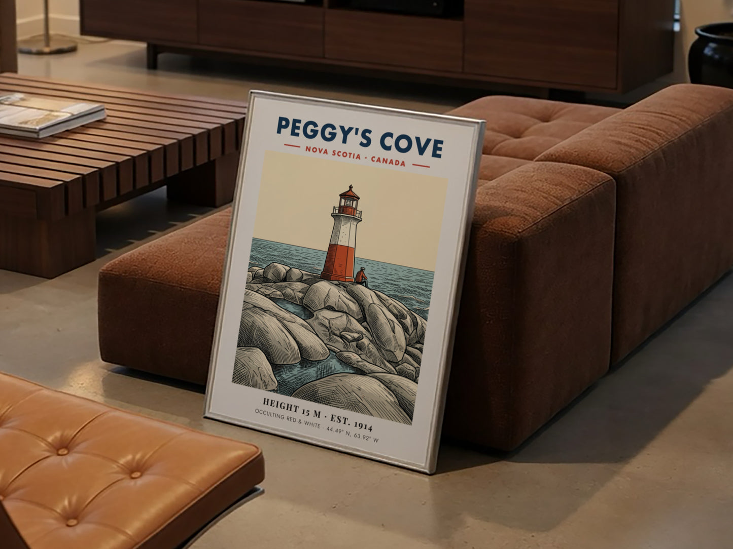 Poster of a red and white lighthouse on rocky Peggy's Cove Nova Scotia shore.