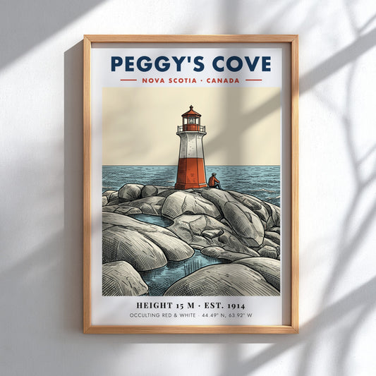 Poster of a red and white lighthouse on rocky Peggy's Cove Nova Scotia shore.
