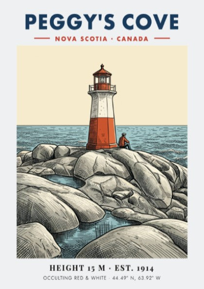 Poster of a red and white lighthouse on rocky Peggy's Cove Nova Scotia shore.