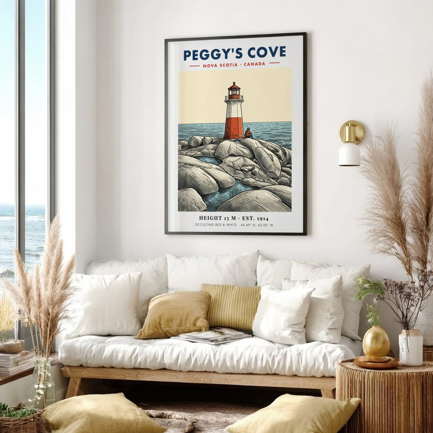 Poster of a red and white lighthouse on rocky Peggy's Cove Nova Scotia shore.