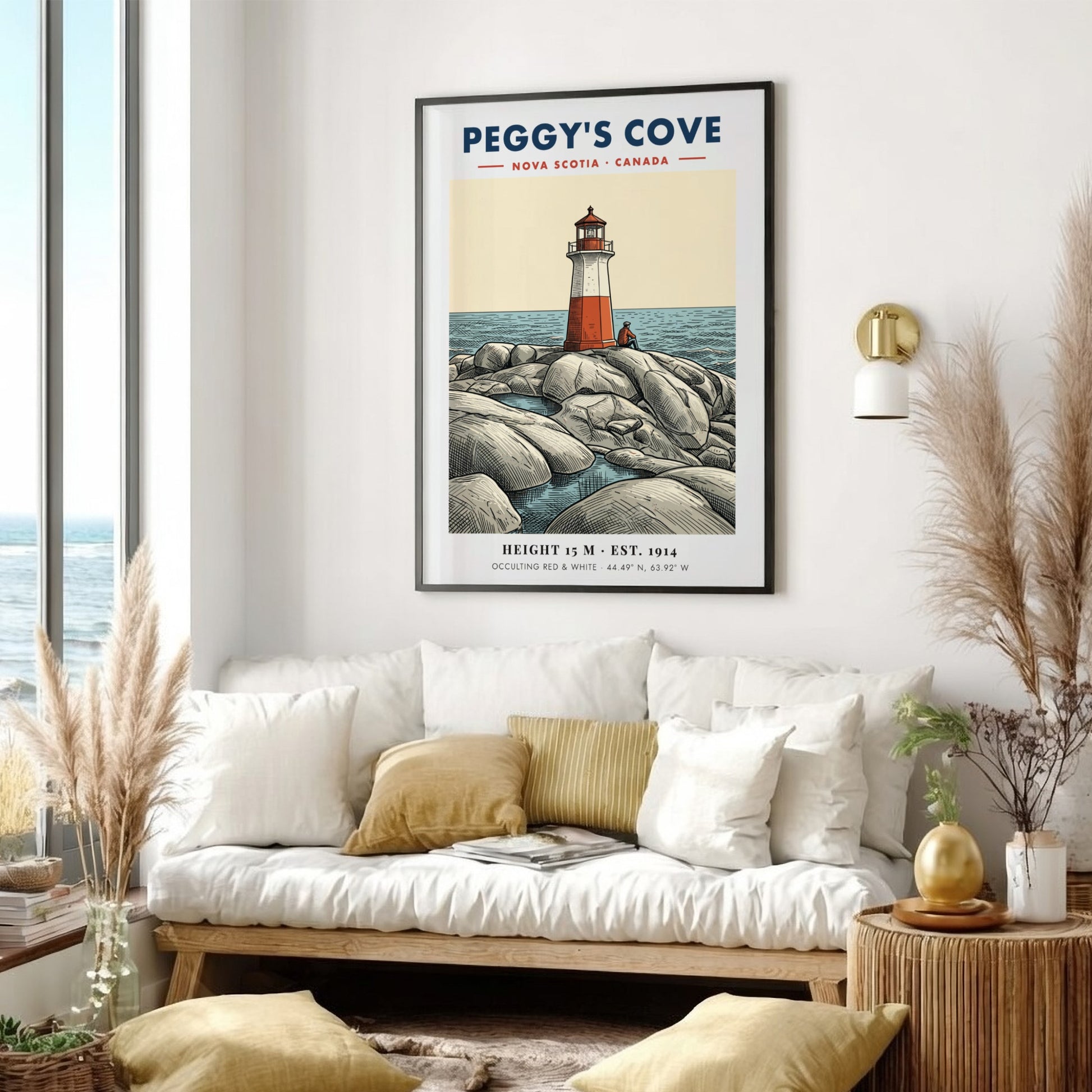 Poster of a red and white lighthouse on rocky Peggy's Cove Nova Scotia shore.