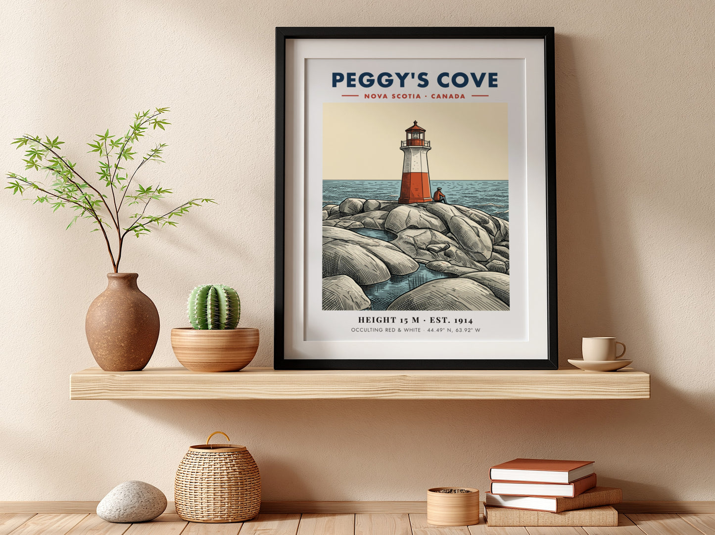 Poster of a red and white lighthouse on rocky Peggy's Cove Nova Scotia shore.