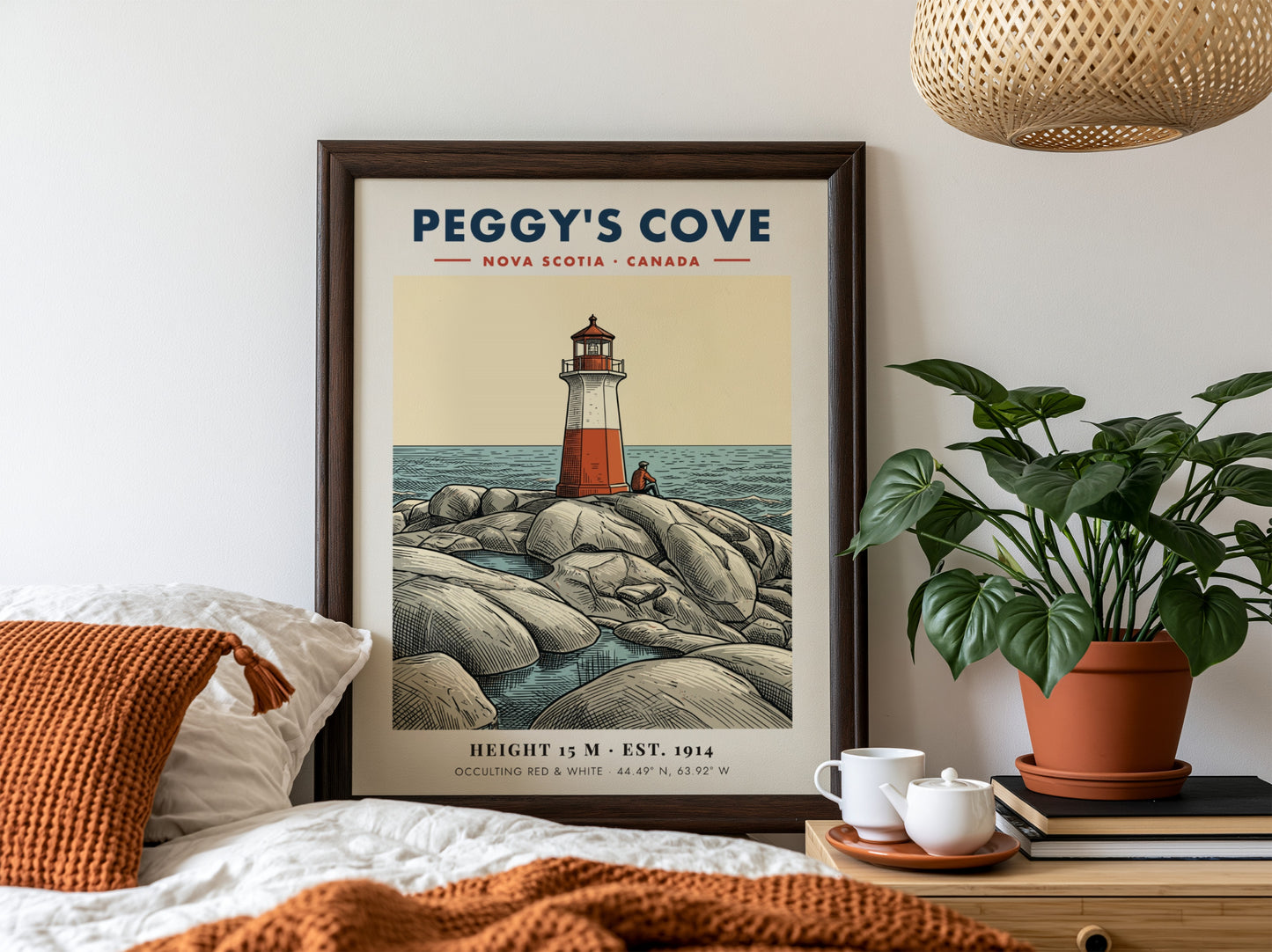 Poster of a red and white lighthouse on rocky Peggy's Cove Nova Scotia shore.