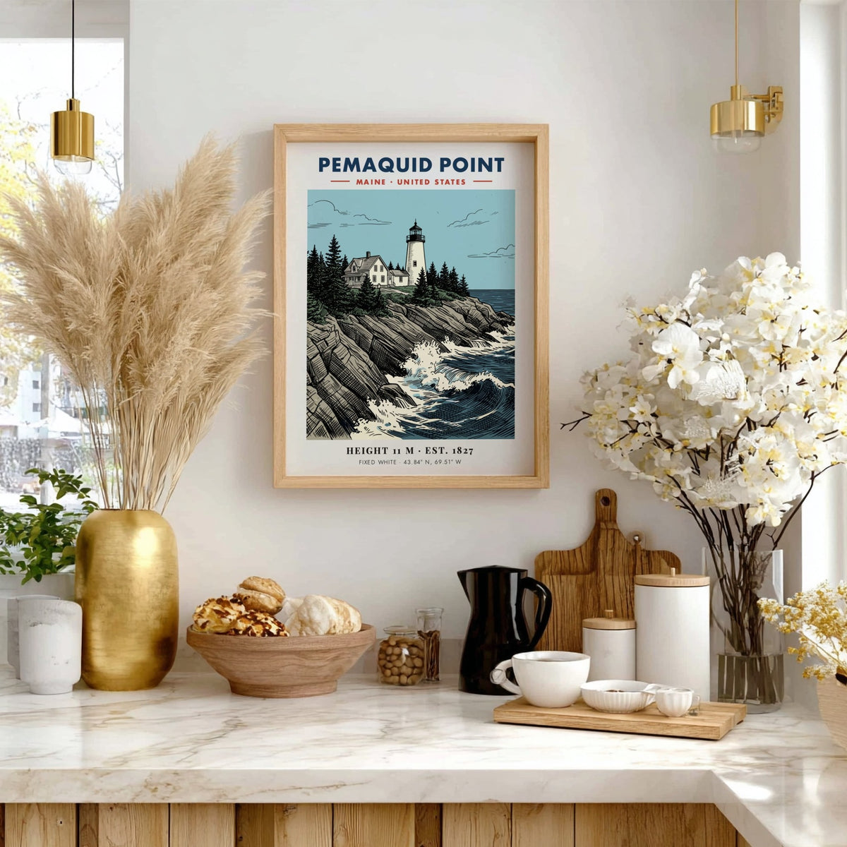 Poster of Pemaquid Point Maine lighthouse atop rocky cliffs with churning blue ocean waves