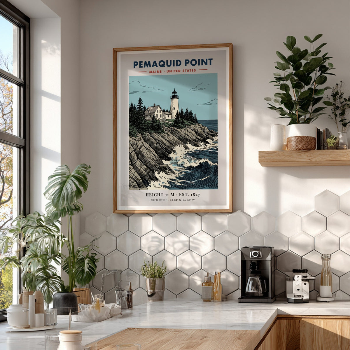 Poster of Pemaquid Point Maine lighthouse atop rocky cliffs with churning blue ocean waves